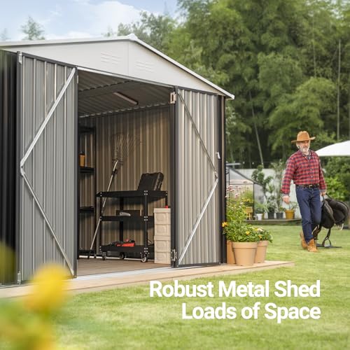 Polar Aurora 10x14 Outdoor Storage Shed, Garden Shed with Updated Frame Structure and Lockable Doors, Metal Tool Sheds for Backyard Garden Patio Lawn