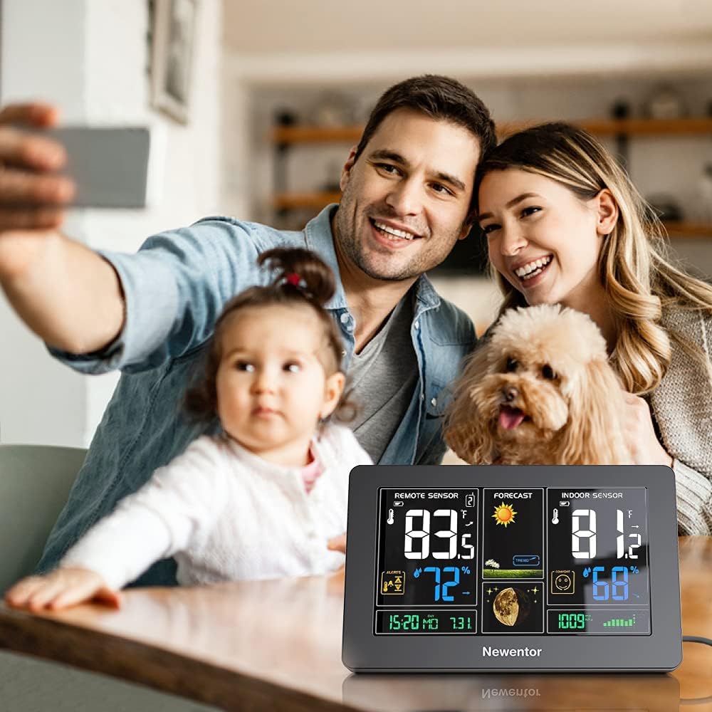 Newentor Weather Station Wireless Indoor Outdoor Thermometer, Color Display Digital Weather Thermometer with Atomic Clock
