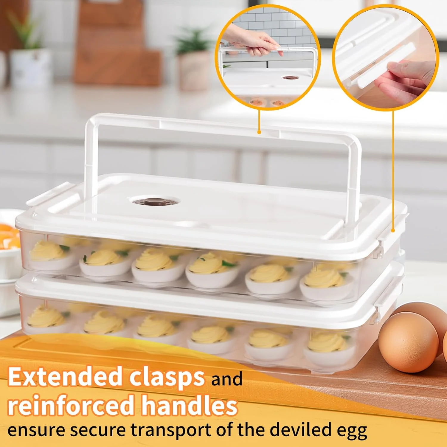 Deviled Egg Containers with Lid, (Set of 2), Plastic Deviled Egg Carrier with Handle for 48 Eggs, Clear Storage Devil Egg Platter