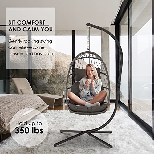 Brafab Hanging Egg Chair with Stand and Footrest, Wicker Egg Swing Chair Indoor Outdoor Aluminum-Steel Frame and UV Resistant Cushion