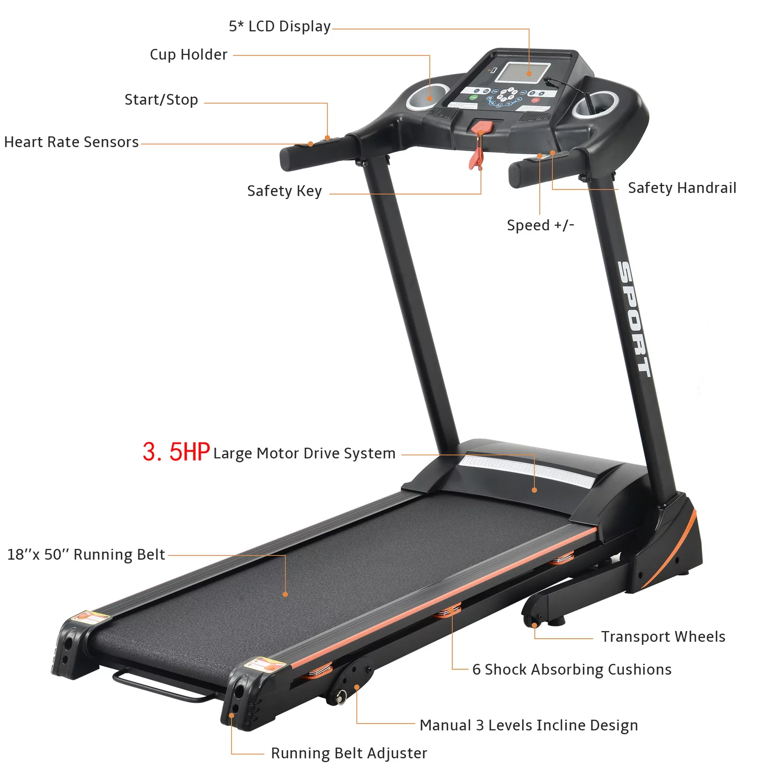 Folding 3.5 HP Treadmill 330 LB Capacity for Home, 15% Manual Incline Running Machine with & Strong Shock Absorption