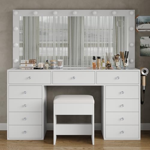 Vanity Desk & Power Outl, Makeup Vanity with Mirror and 12 LED Lights, Makeup Table with 11 Drawers, Vanity Table with Chair