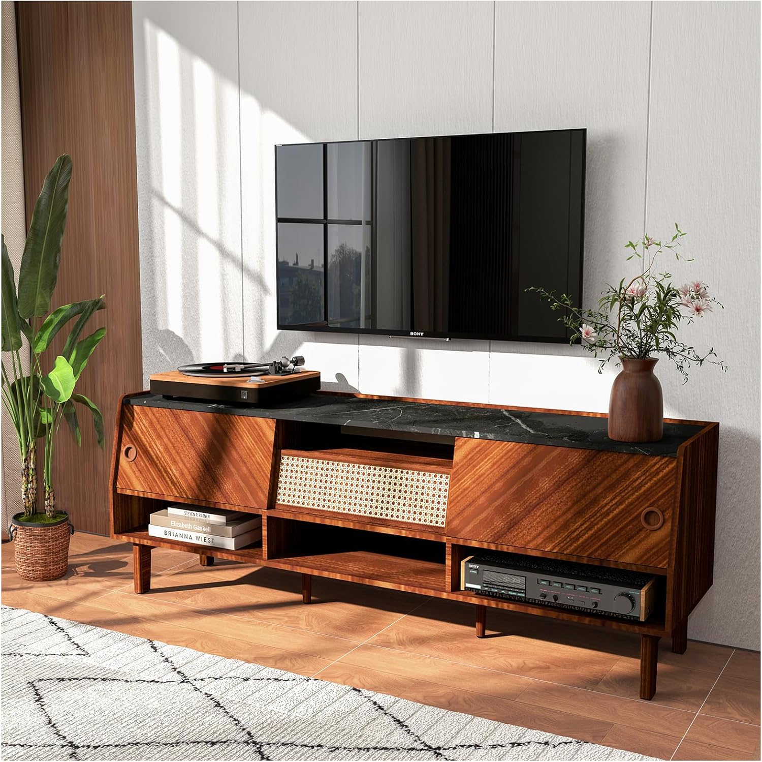 TV Stand for 75+ Inch TV, Mid Century Modern TV Stand with Rattan Drawer,Entertainment Center with Storage, Large Media TV Console