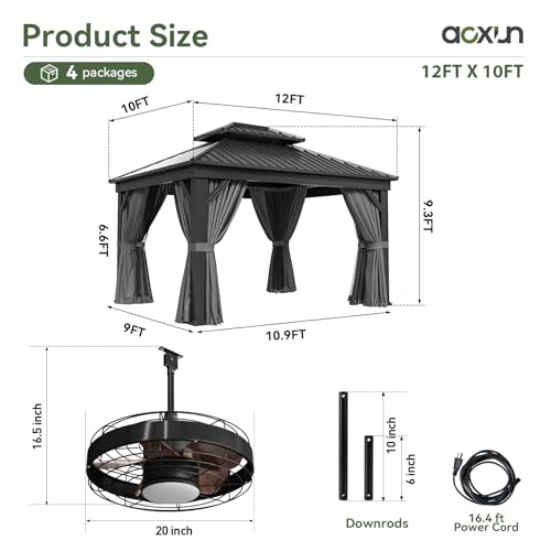 Aoxun 10' X 12' Hardtop Gazebo, Aluminum Outdoor Gazebo with Galvanized Steel Double Top Canopy
