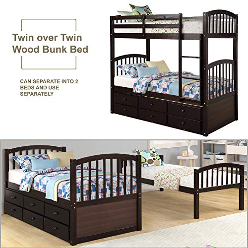 Harper & Bright Designs Twin Over Twin Bunk Bed with Storage Drawers, Solid Wood Bunk Bed Frame with Trundle, for Kids, Teens, Adults (Espresso)
