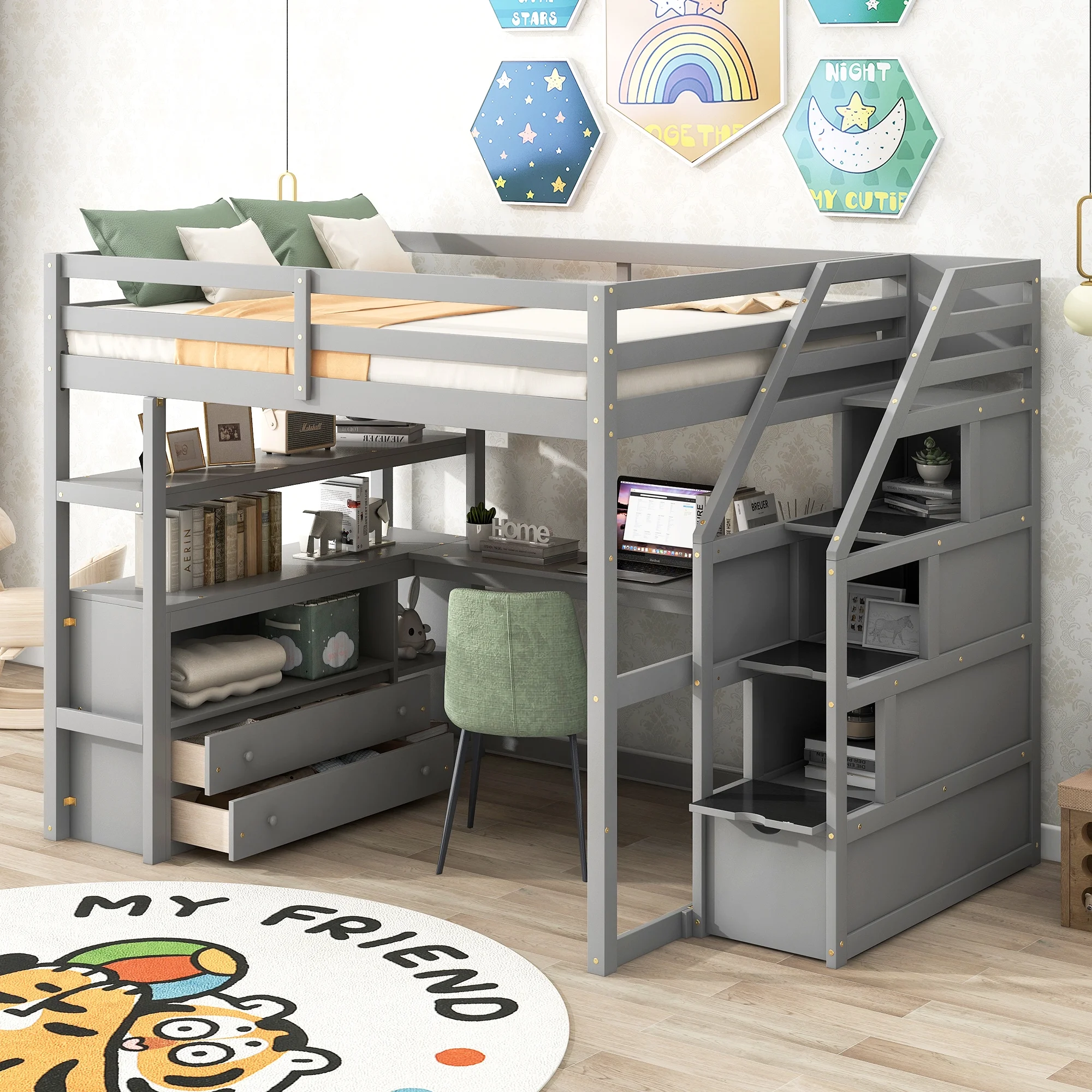 Loft Bed with Desk & Storage Stairs Wood Loft Beds with Two Built-in Drawers, High Loft Bed Frame with Step for Kids, Juniors
