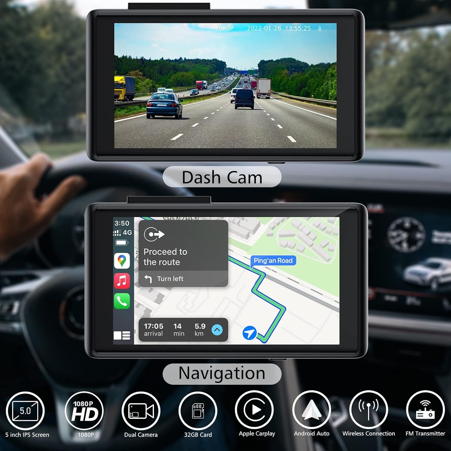 Spedal All-in-one NaviCam - Dash Cam with Navigation, Compatible with Wireless Carplay/Android Auto, FM Transmitter, 1080P Front and Rear Cameras
