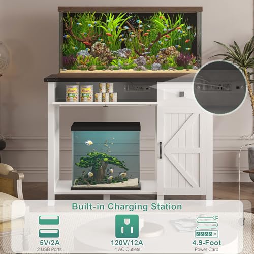 40 Gallon Aquarium Stand With Charging Station, Farmhouse Fish Tank Stand, Reptile Tank Stand Terrarium Stand with Drawer and Cabinet Storage