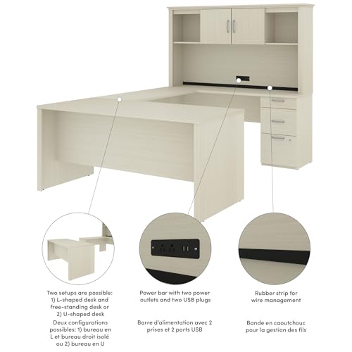 Bestar Logan 66W U or L-Shaped Executive Office Desk with Pedestal and Hutch in Bark Grey, Table Workstation for Personal Home Workspace