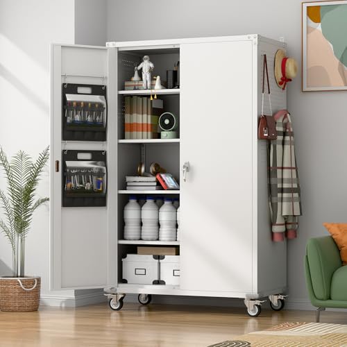 71" Metal Storage Cabinet with Wheels and Pegboard, Lockable Rolling Steel Storage Cabinet with 5 Adjustable Shelves and Door for Garage, Office