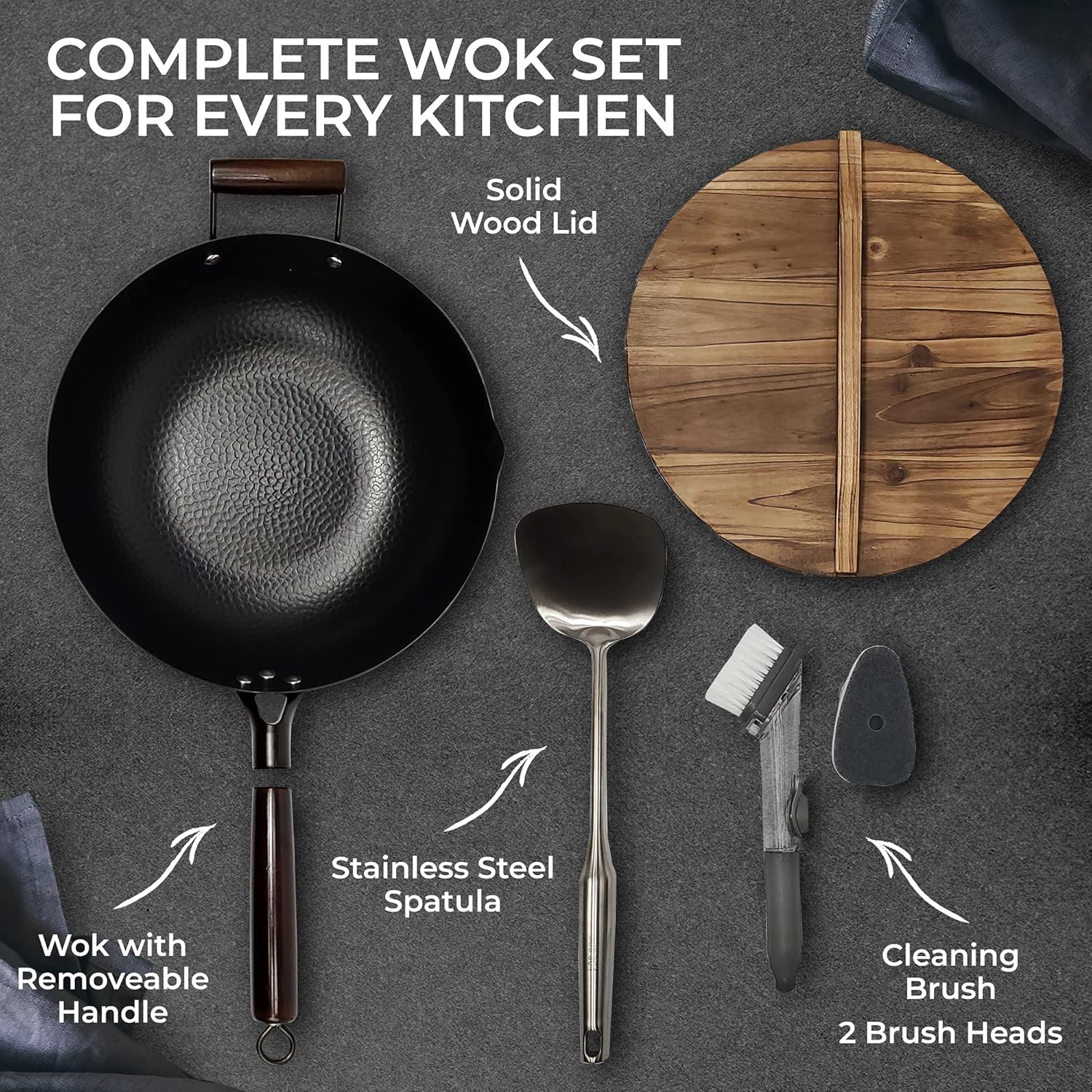 HOME EC Carbon Steel Wok Pan With Lid, Stir Fry Wok Set, Steel Spatula, and Cleaning Brush