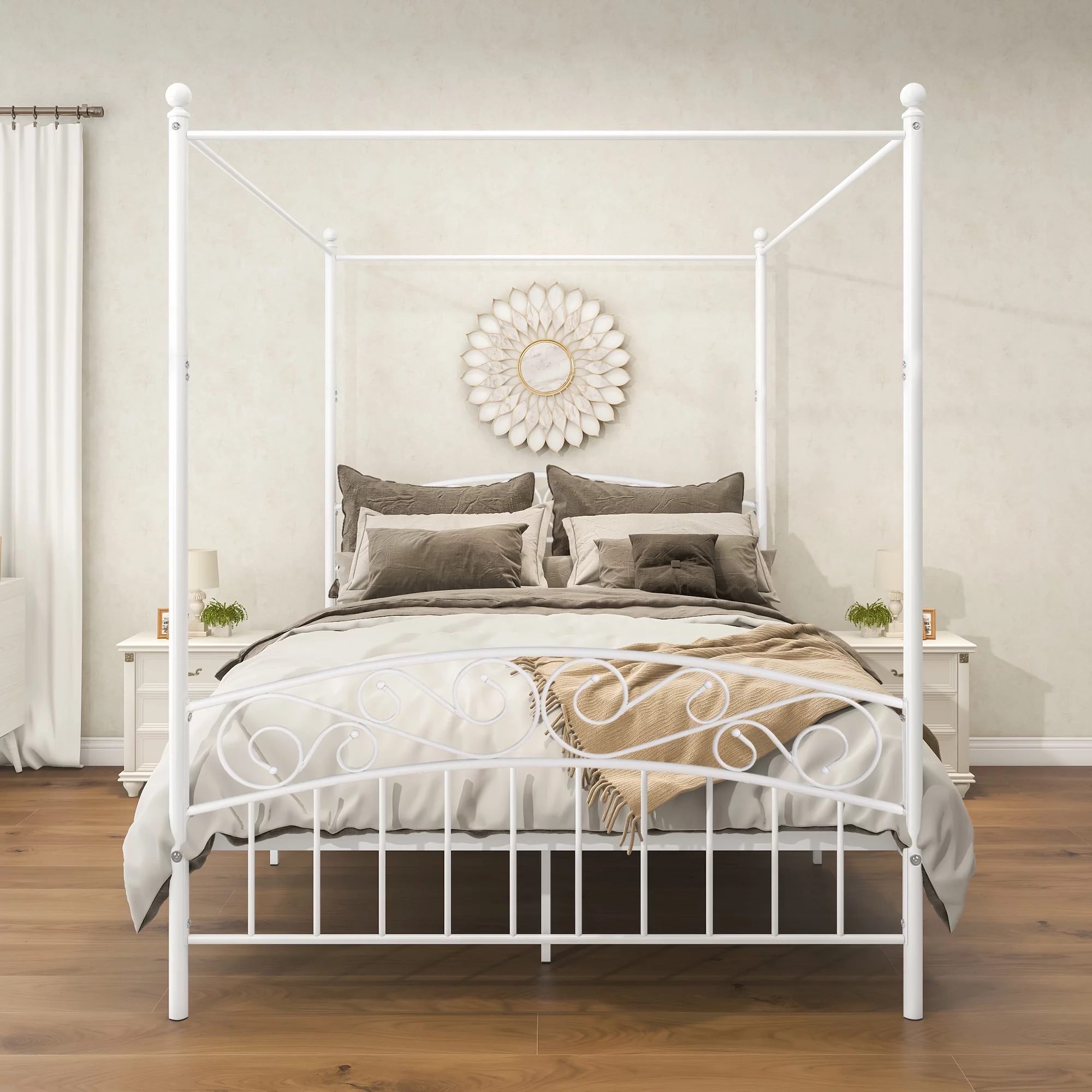 Canopy Bed Frame Queen Size Black Metal 4 Poster Mattress Foundation Modern Post Corner with Headboard for Girls Adults
