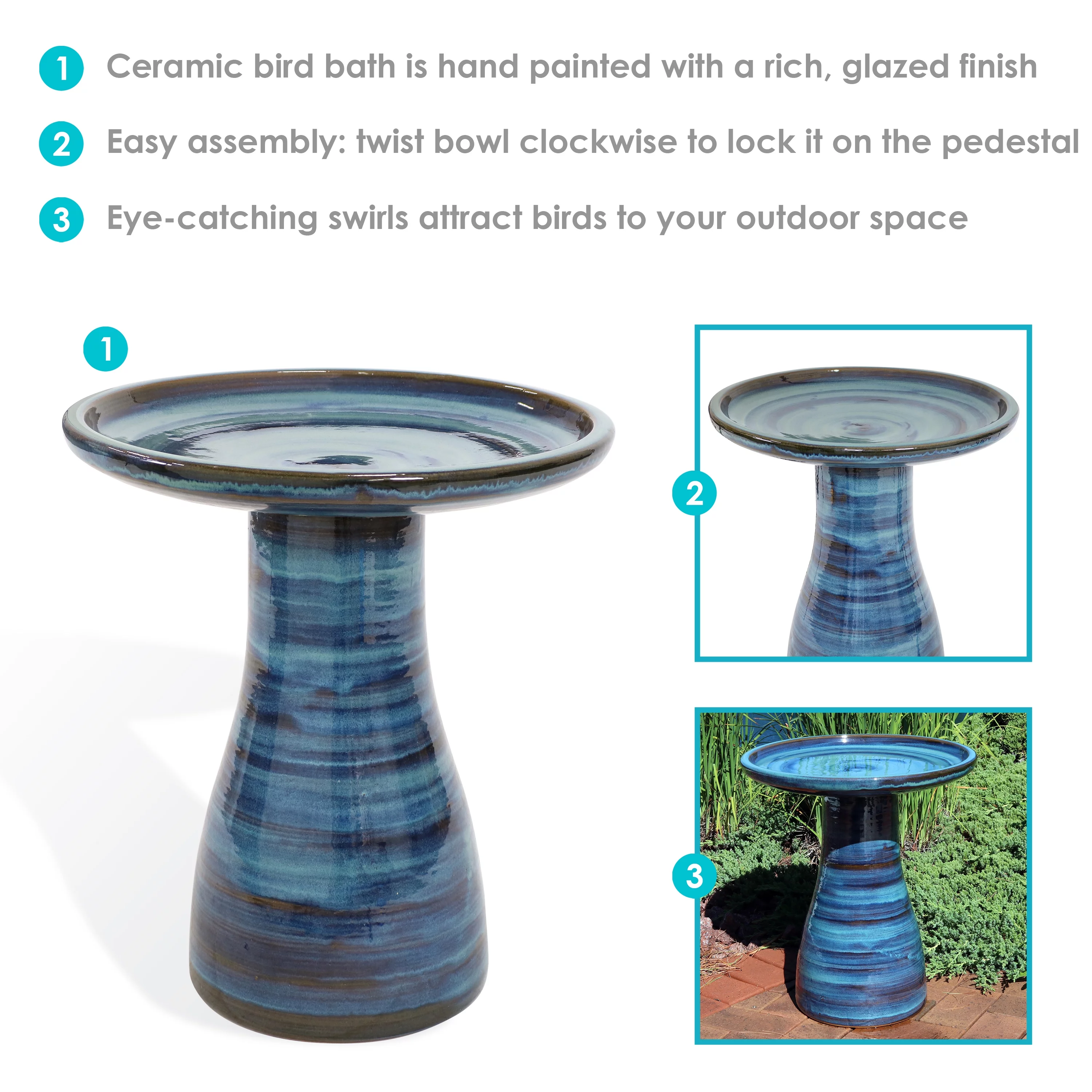 Sunnydaze Glazed Ceramic Outdoor Bird Bath - 18" - Galaxy Blue