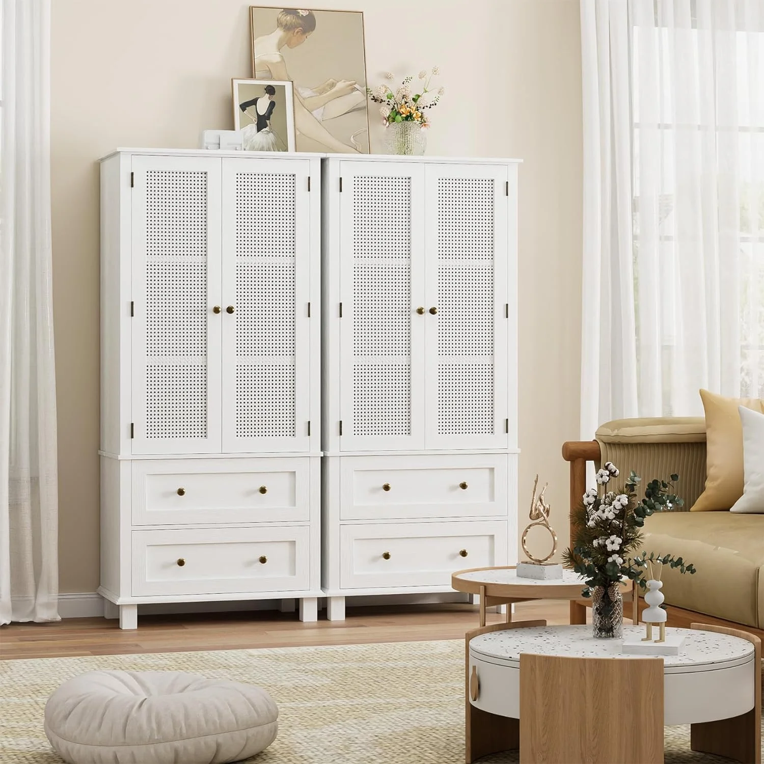 Kitchen Pantry Storage Cabinet, Tall Cabinet with Rattan Doors and 2 Drawers, Freestanding Cupboard with Adjustable Shelves