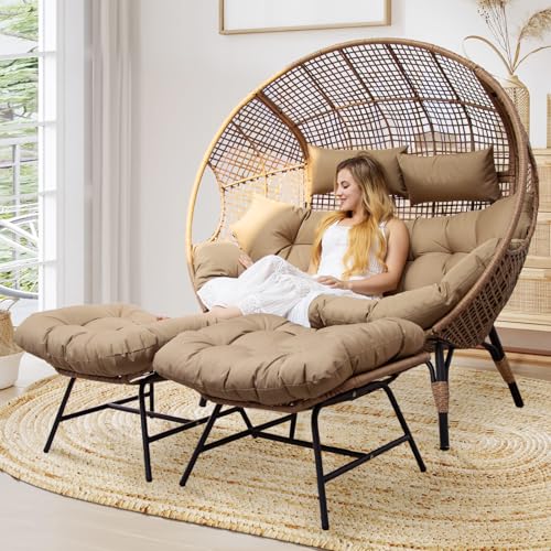 NICESOUL Stationary Egg Chair Indoor Outdoor Wicker Oversized Thick Cushions Egg Shaped Loveseat Chair