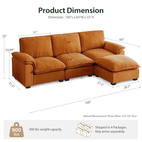 Cloud Couch Sectional for Living Room L Shaped Couch Modular Sectional Sofa Chenille Fabric for Apartment Ivory Beige