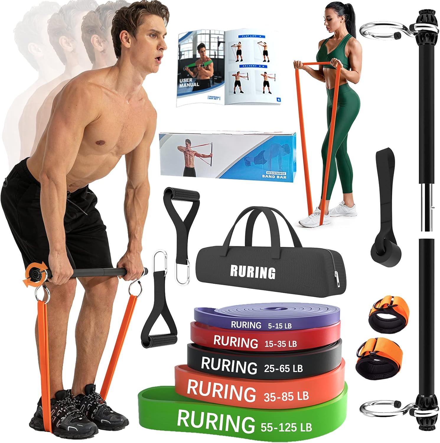 Resistance Bands Bar Set Portable Home Gym Equipment for Adults Strength Training for Chest Press Deadlift Squats Curl Full Body Workout Bands
