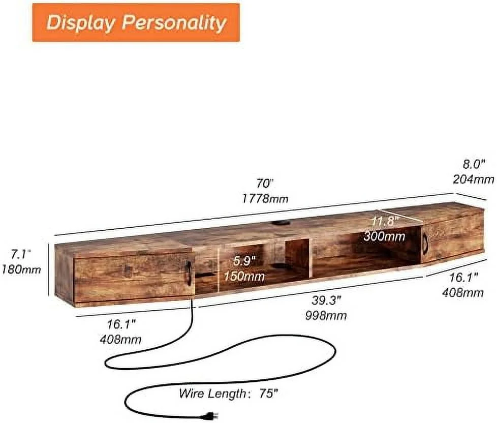 HJZUINIUNIU Audio Video Shelving Wall Mounted Floating TV Stand Wood TV Media Console Floating Entertainment Center Desk with  TV  Console for Living