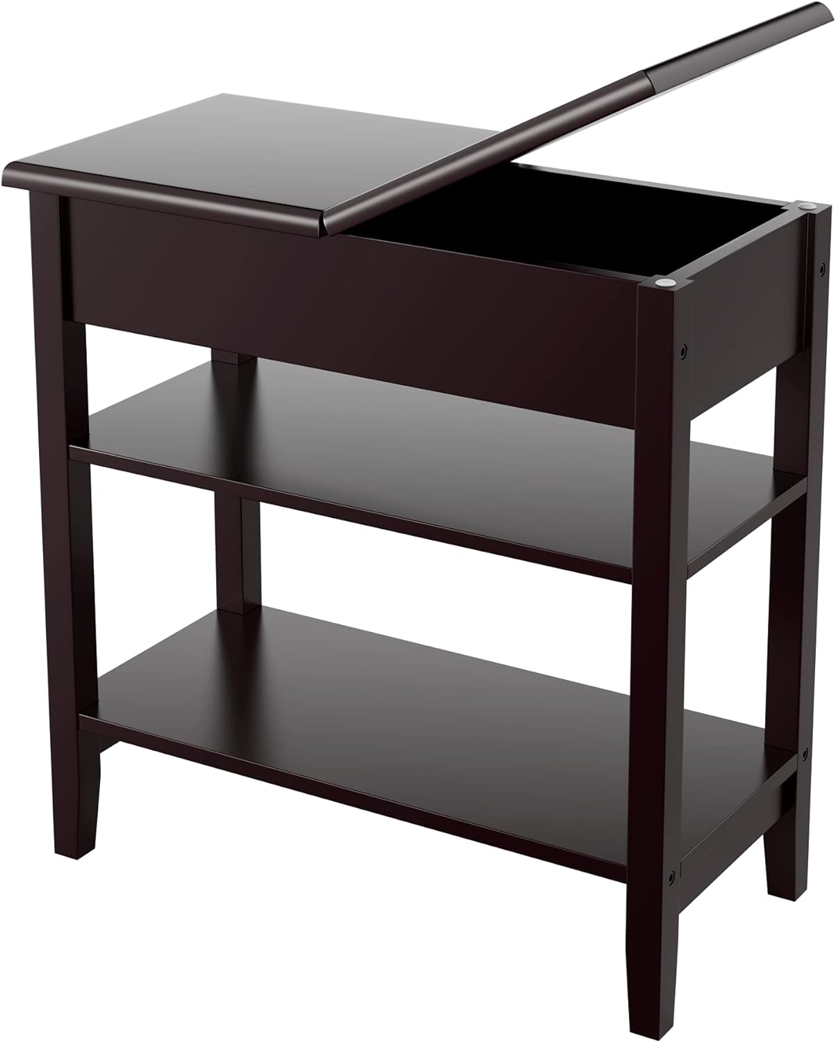End Table with Storage, Flip Top Side Table with Shelves, Bedroom Nightstand Sofa Table, Narrow File Cabinet for Home Office, Ivory White