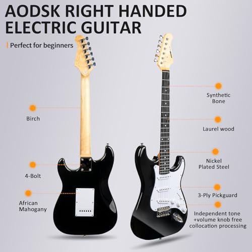 AODSK Electric Guitar with Amp Beginner Kit 39 Inch Solid Body Full Size,All Accessories,Digital Tuner,Six Strings,Four Picks,Tremolo Bar,Strap