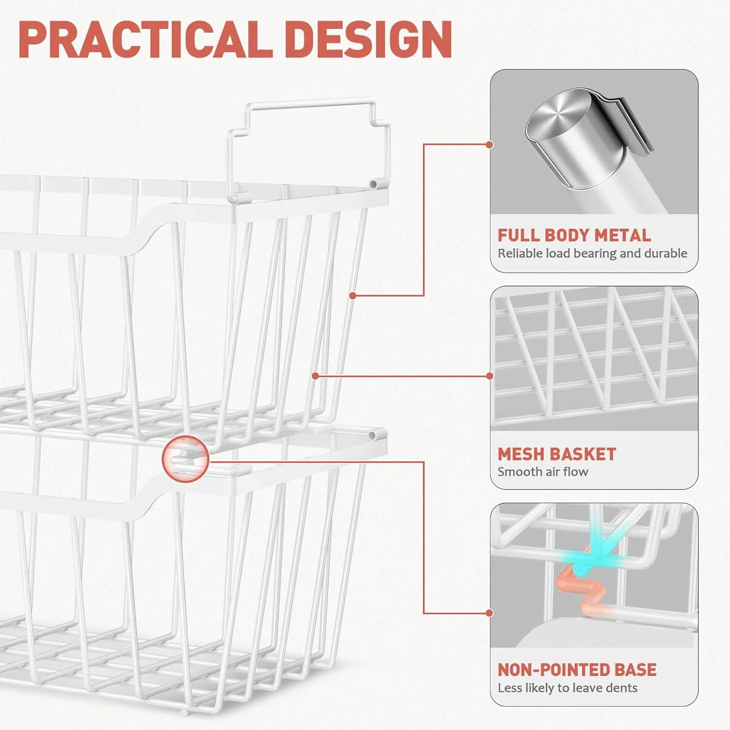 8-Pack Freezer Organizer Bins with Foldable Handles, Stackable Deep Freezer Baskets for 3.5-7 Cubic Feet Freezers, White Metal Storage Bins