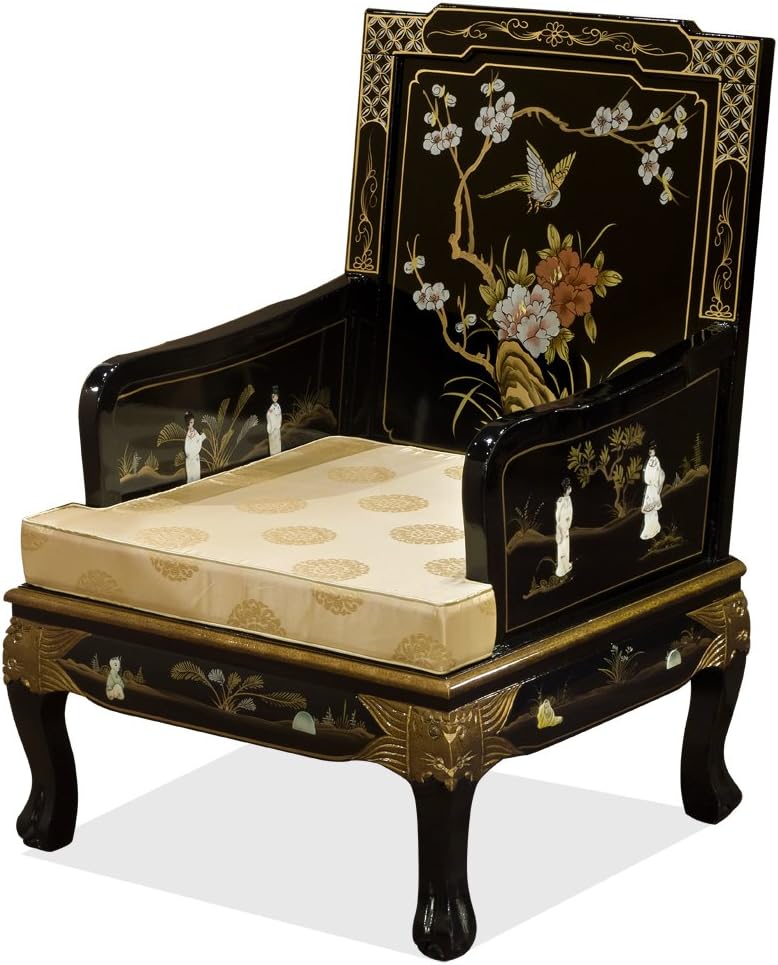 ChinaFurnitureOnline Wooden Asian Arm Chair, Black Lacquer Chinoiserie with Pearl Maidens
