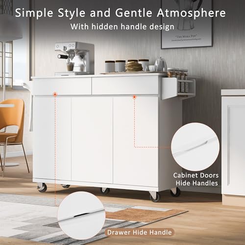 53.5''Farmhouse Kitchen Island with Power Outlet, Kitchen Storage Island with Drop Leaf, Spice Rack and Drawer, Rolling Kitchen Cart on Wheels