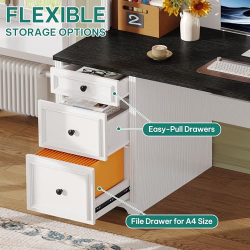 YITAHOME Executive Desk with Hutch and Drawers, Farmhouse Wood Computer Desk with Power Outlet & LED Lights, Home Office Desks with Storage Shelves