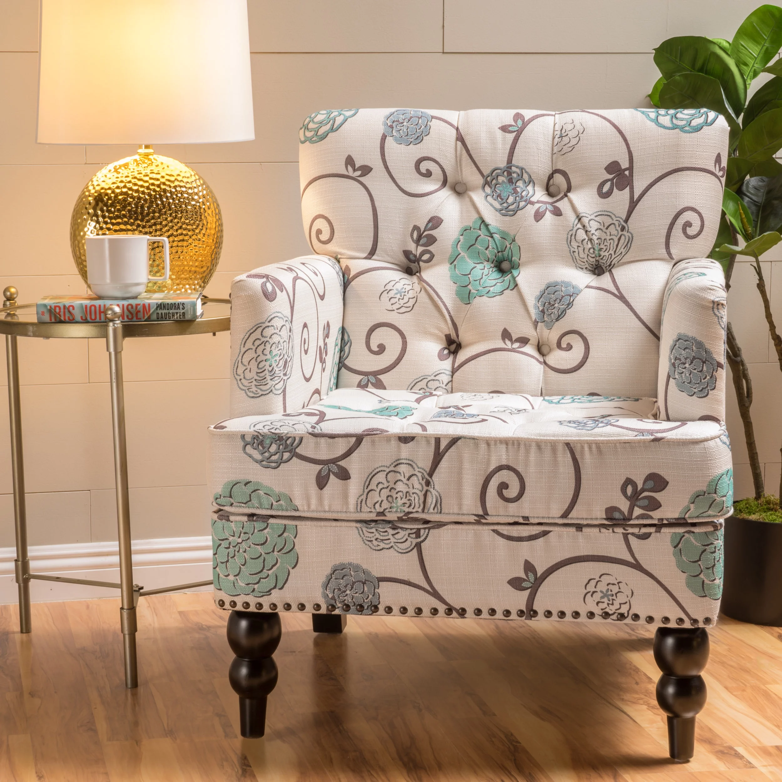 GDF Studio Aurelia Contemporary Tufted Club Chair, Blue and Light Beige Floral Fabric and Dark Brown