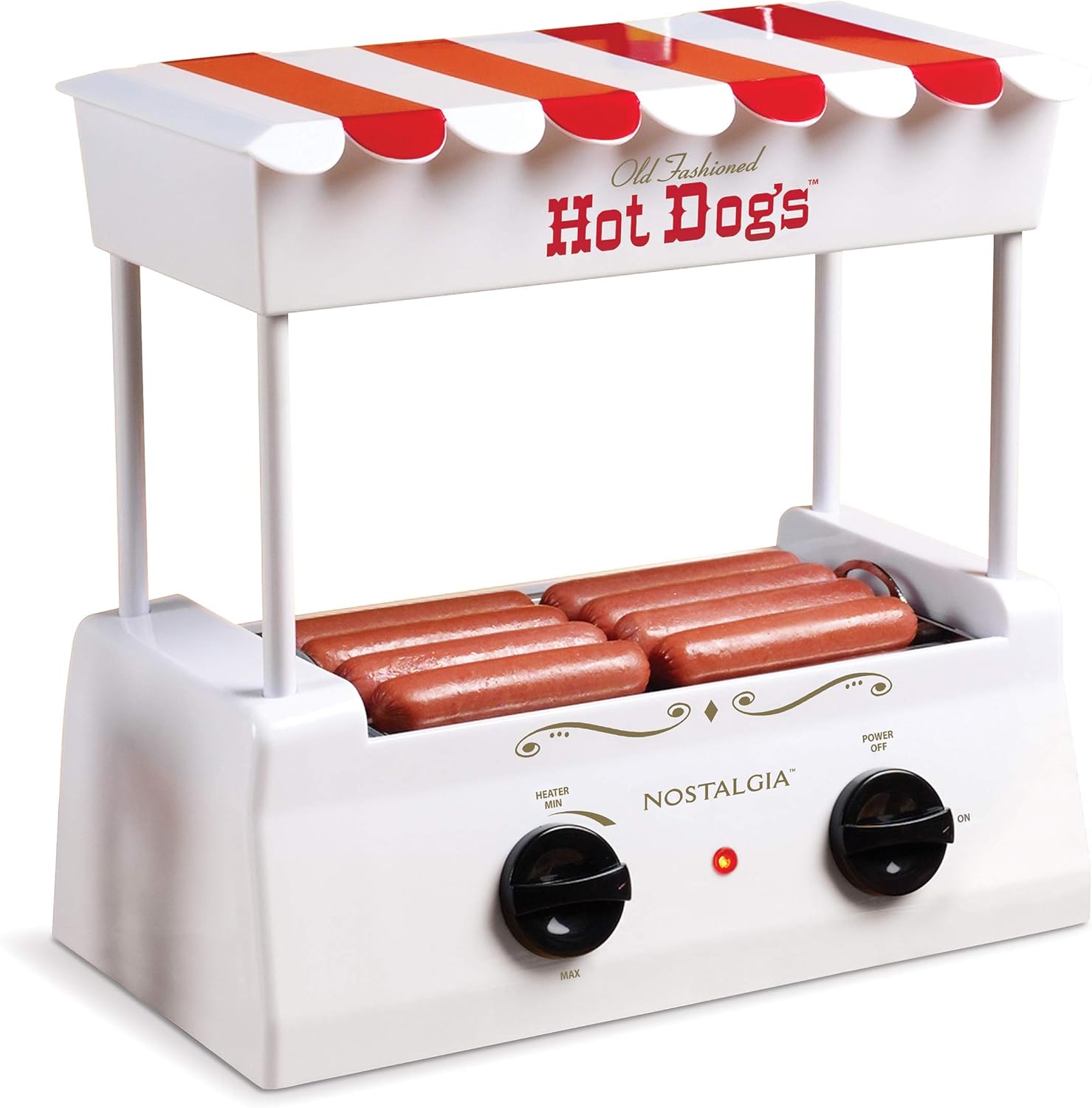 Nostalgia HDR8RY Countertop Hot Dog Warmer 8 Regular Sized, 4 Foot Long and 6 Bun Capacity, Stainless Steel Rollers, Perfect For Breakfast Sausages