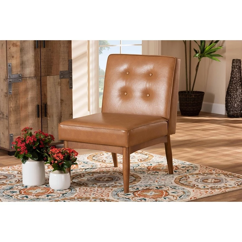 Arvid Mid-Century Modern Tan Faux Leather Upholstered and Walnut Brown Finished Wood Dining Chair