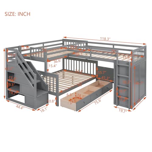 L-Shape Triple Bunk Beds with Stairs and Desk, Wood Twin-Over-Full Bunk Bed with Storage Wardrobe, Shelves and Drawers
