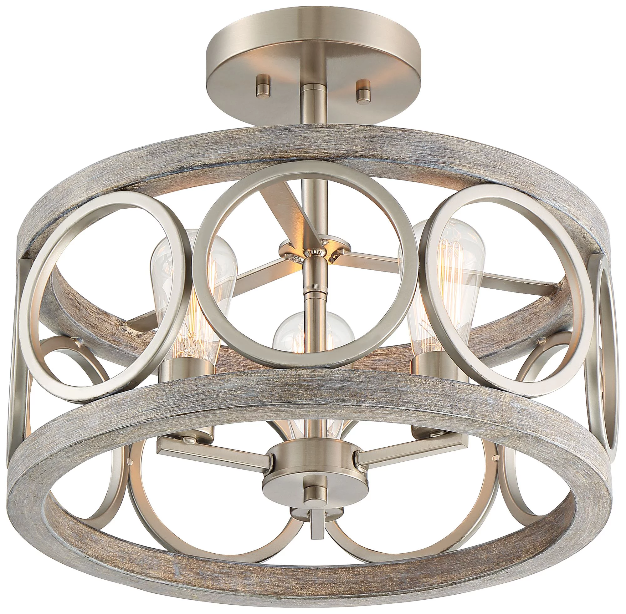 Franklin Iron Works Salima Rustic Farmhouse Ceiling Light Semi Flush Mount 16" Wide Brushed Nickel Gray Wood 3-Light LED for Bedroom Living Room House