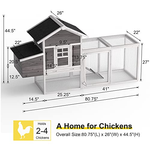 GOJOOASIS 80" Chicken Coop for 2-4 Chickens Outdoor Wooden Hen House Poultry Pet Hutch for Backyard w/Run Cage & Nesting Box(A)