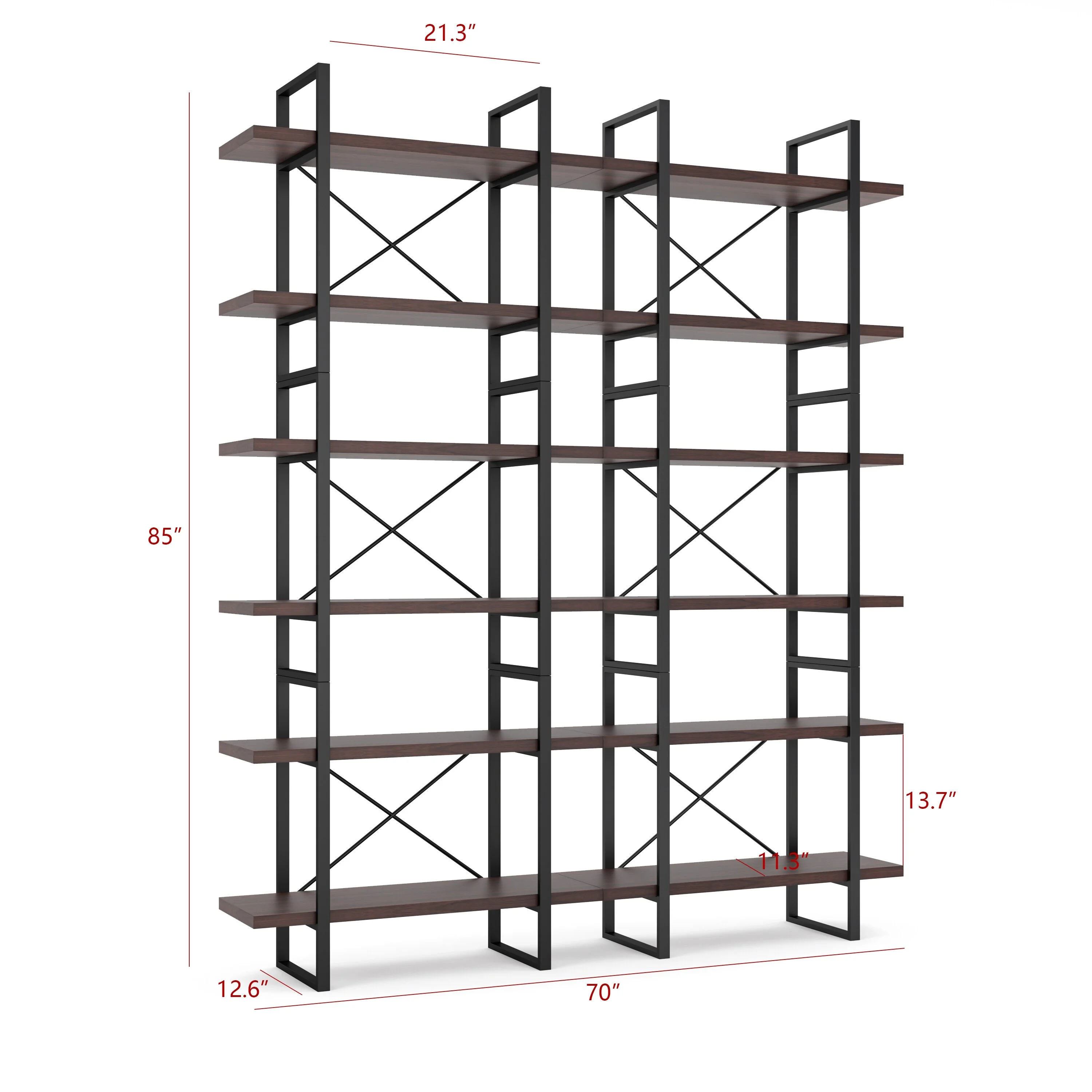 Davee Dark Walnut Color Room 6-Tiers Divider Bookcase - 85" H x 70" W x 12.6" D