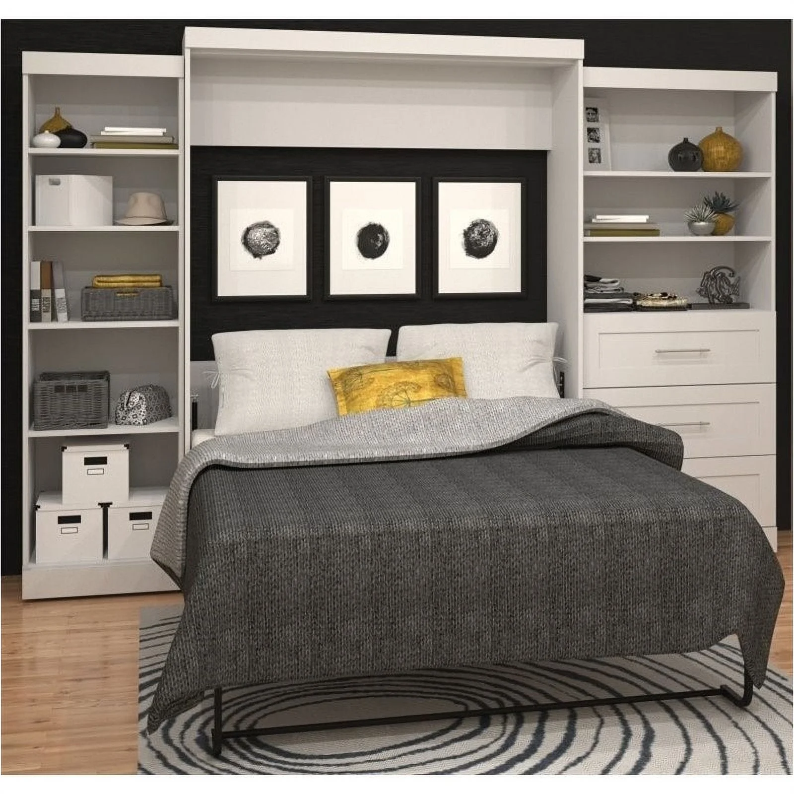 Pemberly Row Transitional Wood Queen Wall Bed w/ Storage in White