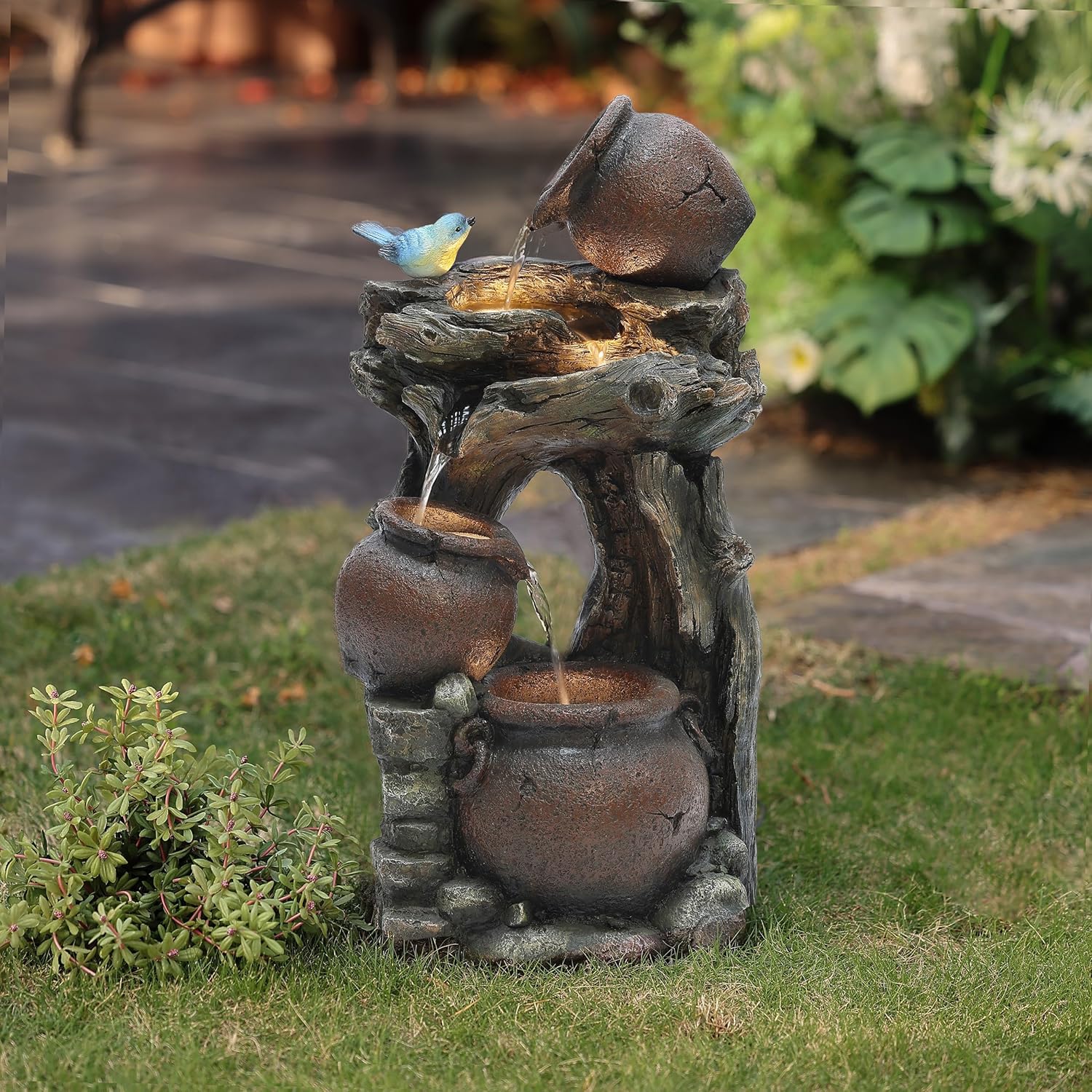 LuxenHome 25.6" Rustic Pots and Pitchers on Tree Resin Outdoor Fountain with LED Lights Fountains and Waterfalls Decor for Patio Yard Garden Water