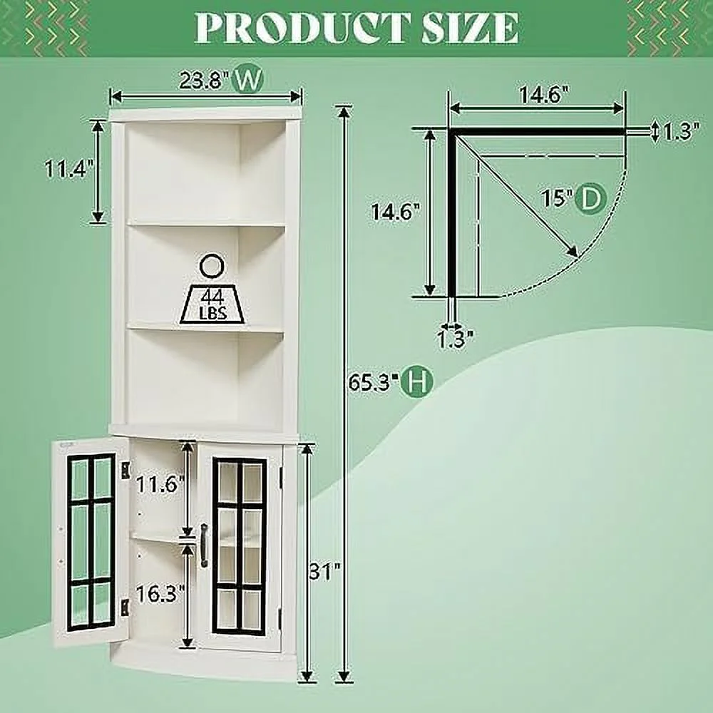 HOOMHIBIU Curved Corner  Cabinet  65'' Tall Freestanding Bookcase with Glass Doors