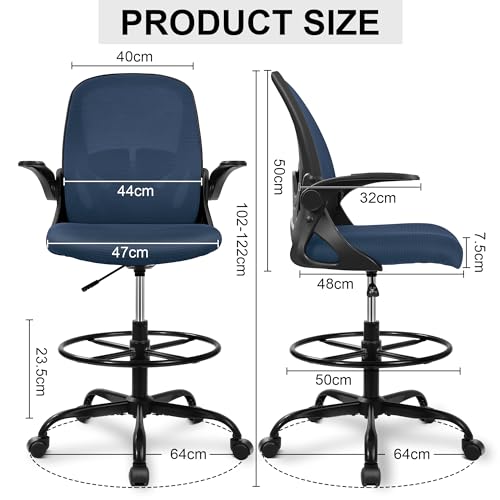 Primy Drafting Chair Tall Office Chair with Flip-up Armrests Executive Ergonomic Computer Standing Desk Chair with Lumbar Support and Adjustable