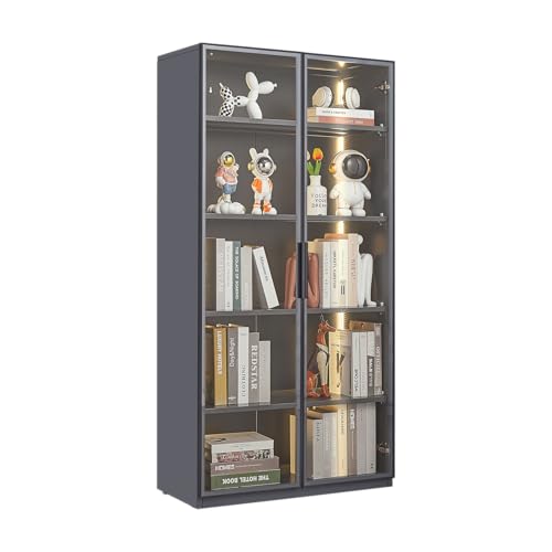 Display Cabinet with Light Strips, 5 Shelves Metal Storage Cabinet with Glass Door