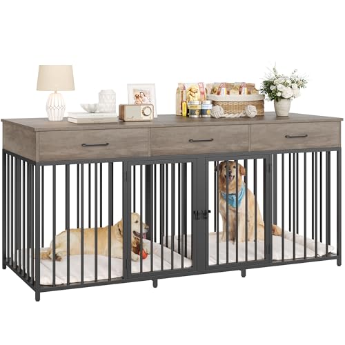 HOSTACK Double Dog Crates Furniture, 71" Wide Indoor Dog Kennel with 3 Drawers, Farmhouse Dog Cage for 2 Large/Medium Dogs