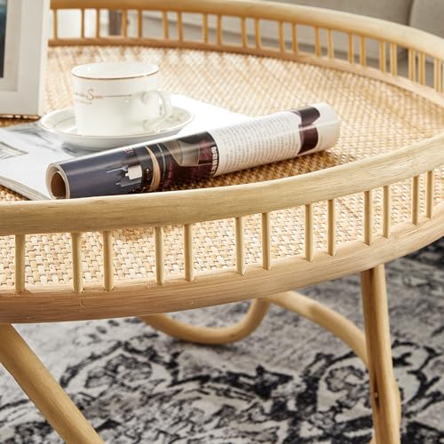 FINECASA Round Rattan Coffee Table, 32'' Wicker Boho Hand-Woven Top