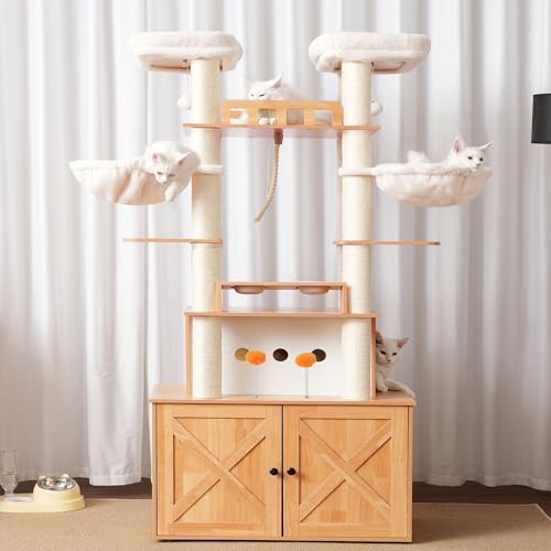 Heybly Cat Tree for Maine Coon with Litter Box Enclosure, 72-inch Wooden Cat Tower for Indoor Cats Large Adult, Big Condo with Food Station, Baskets