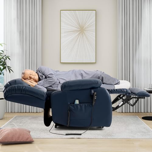 EDILLY Large Genuine Leather Power Lift Recliner Chairs for Elderly, Dual Motor with Massage and Heating,Double Lumbar Cushion and Extended Footrest