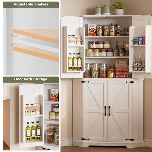IRONCK Corner Cabinet, 72" Kitchen Pantry Cabinet, 6-Tier Farmhouse Pantry with 4 Adjustable Shelves, 240° Swivel Doors, 2 Doors Storage