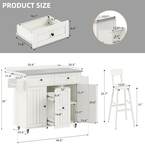 DWVO Kitchen Island on Wheels, Mobile Kitchen Island Cart with Folding Drop Leaf Breakfast Bar, Island Table for Kitchen with Large Storage Cabinets