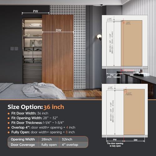36inch Concealed Sliding Barn Door Hardware with Soft Close Mechanism, Aluminum Track, Invisible Floor Track, Fit MIN Opening Width 28in
