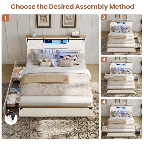 Hasuit Farmhouse Bed Frame California King Size with Storage Bookcase Headboard, Wooden Cal King Bed with LED Lights, Charging Station, 2 Drawers