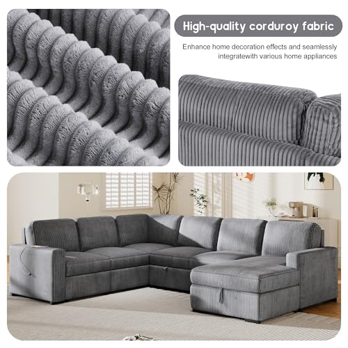 L-Shaped Pull Out Sleep Sofabed,Modern Reversible Sleeper Sectional Sofa Chenille Upholstered Button Tufted Decor with Storage Chaise