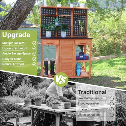 Outdoor Garden Potting Bench, Horticultural Wooden Workstation Table with Storage Drawer, Cabinet, Metal Pegboard